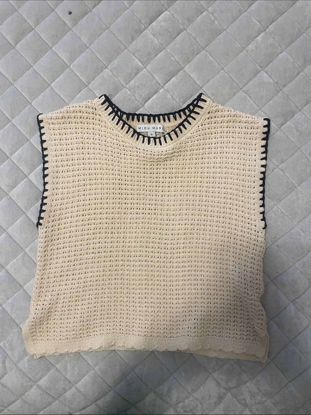 Midu Muse Cream Crochet Tank Top with Black Trim